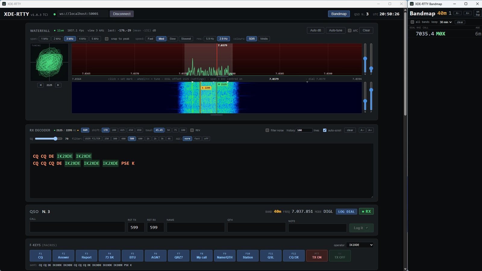 XDE-RTTY main window with spectrum, waterfall, RX decoder, QSO form and bandmap
